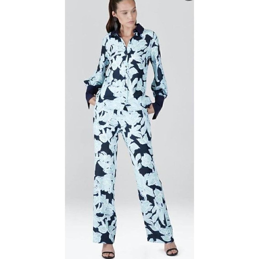 Natori Shibori Blue & Green Floral Fluid Crepe NWT Size Large